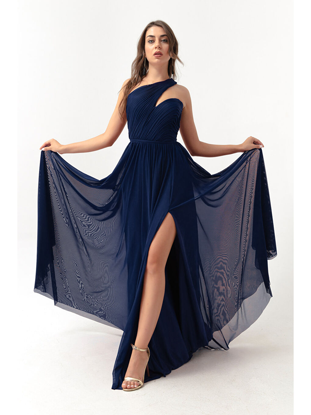 Kadın Lacivert Tek Omuz Yırtmaçlı Uzun Abiye Elbise-2