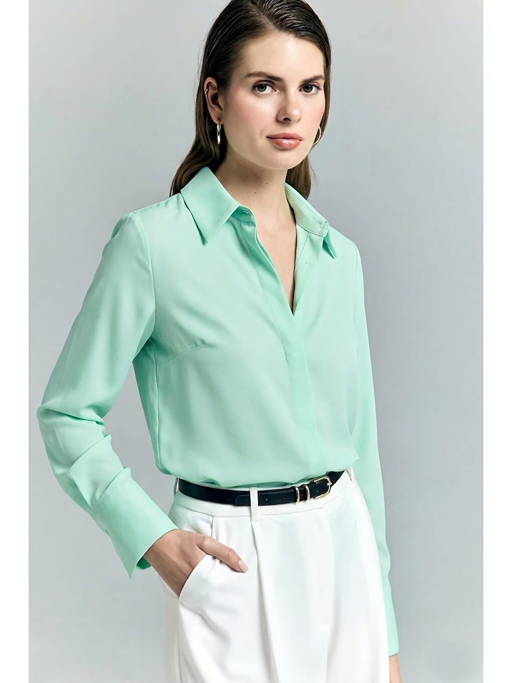 Yeşil Klasik Düz Gömlek - Mint-3