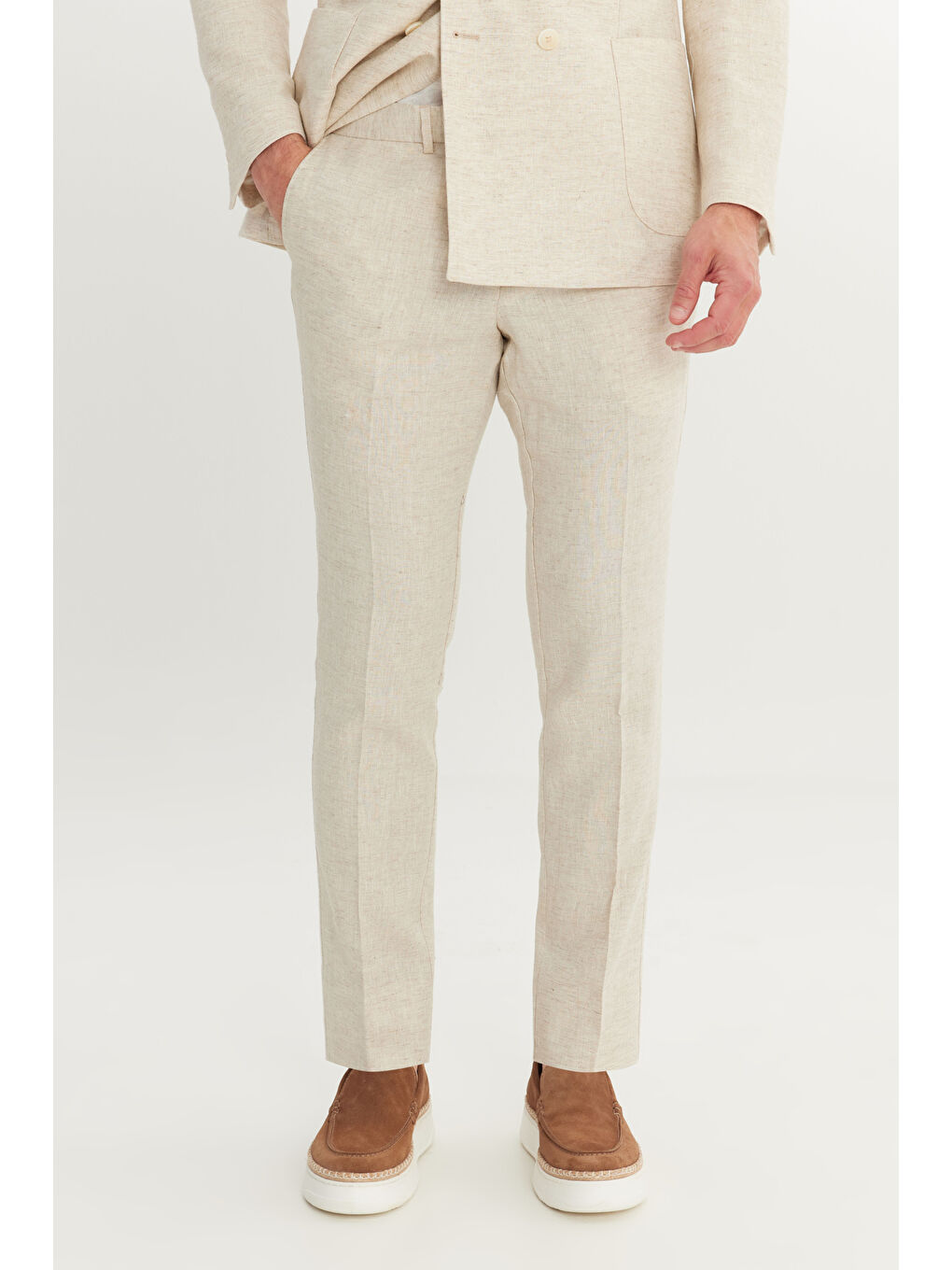 Erkek Bej Keten Slim Fit Dar Kesim Kırlangıç Yaka Desenli Kruvaze Takım Elbise-2