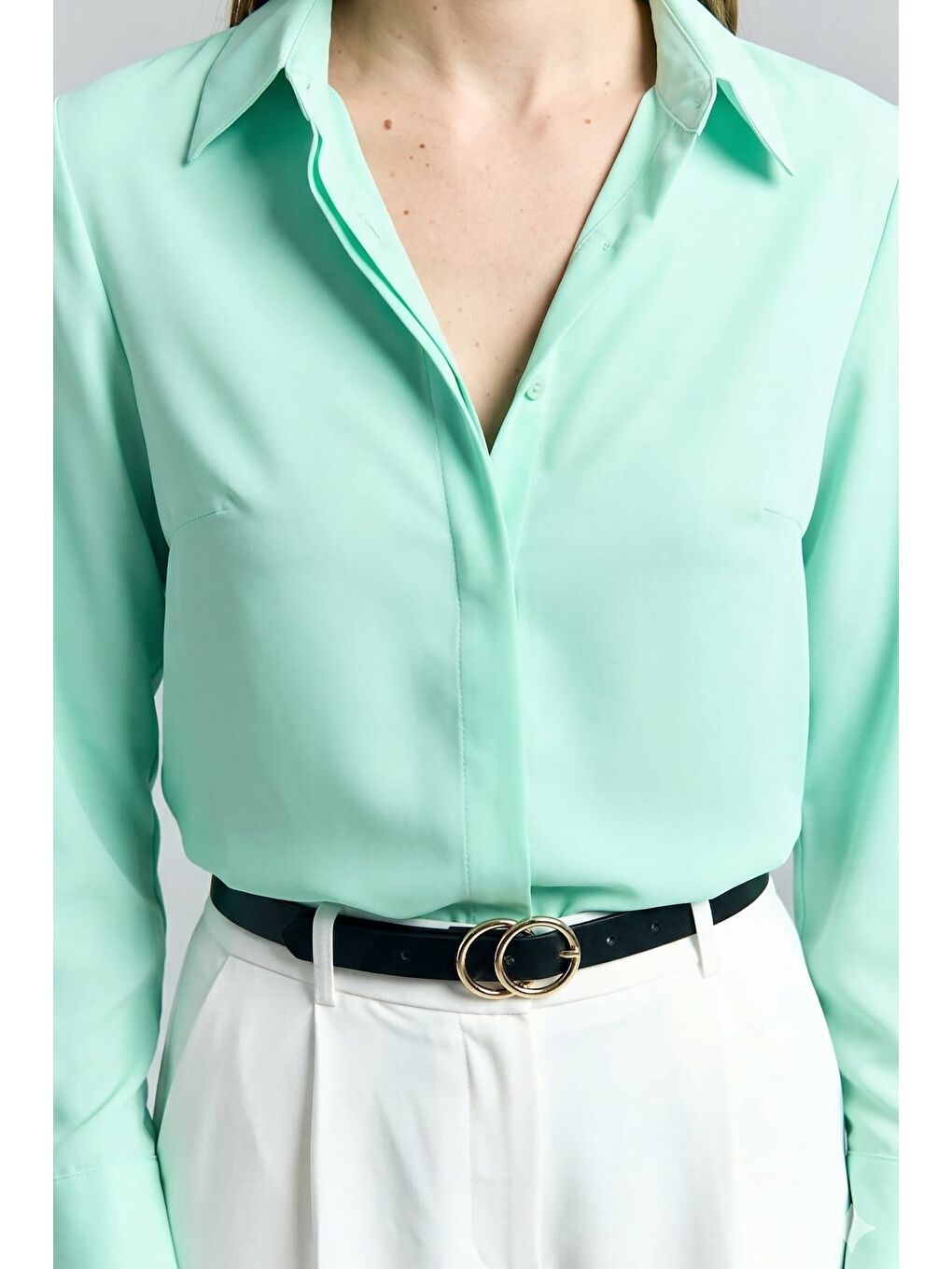 Yeşil Klasik Düz Gömlek - Mint-4