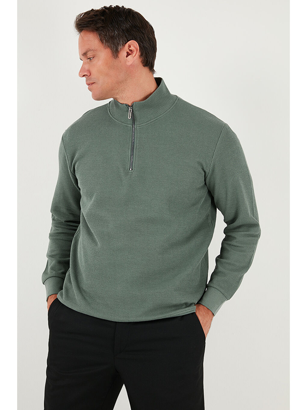 Haki Pamuklu Regular Fit Yarım Fermuarlı Dik Yaka Erkek Sweat 5905716-5
