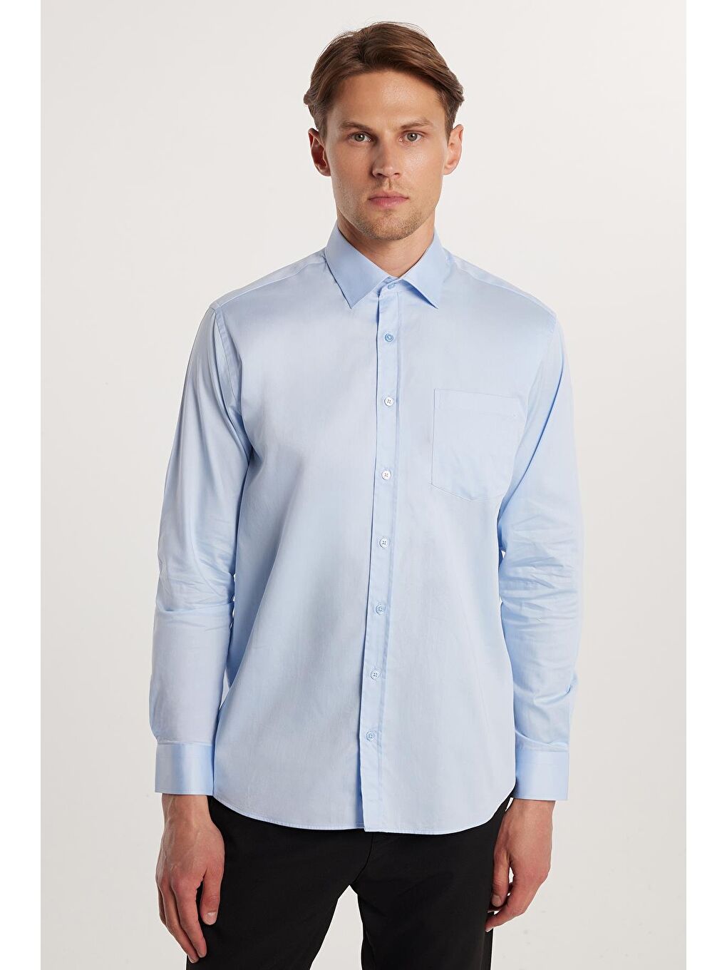 Erkek Regular Fit Klasik Kesim %100 Pamuk Saten Tek Cepli Mavi Gömlek-2