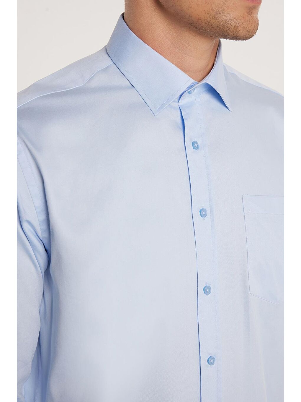 Erkek Regular Fit Klasik Kesim %100 Pamuk Saten Tek Cepli Mavi Gömlek-3