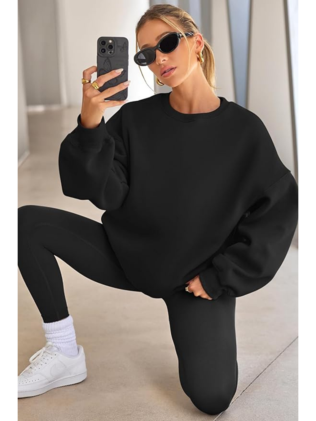 Siyah Genıus Store Kadın Sweatshirt Oversize Geniş Kalıp İçi Şardonlu Bisiklet Yaka Oversize Sweatshirt KA-1