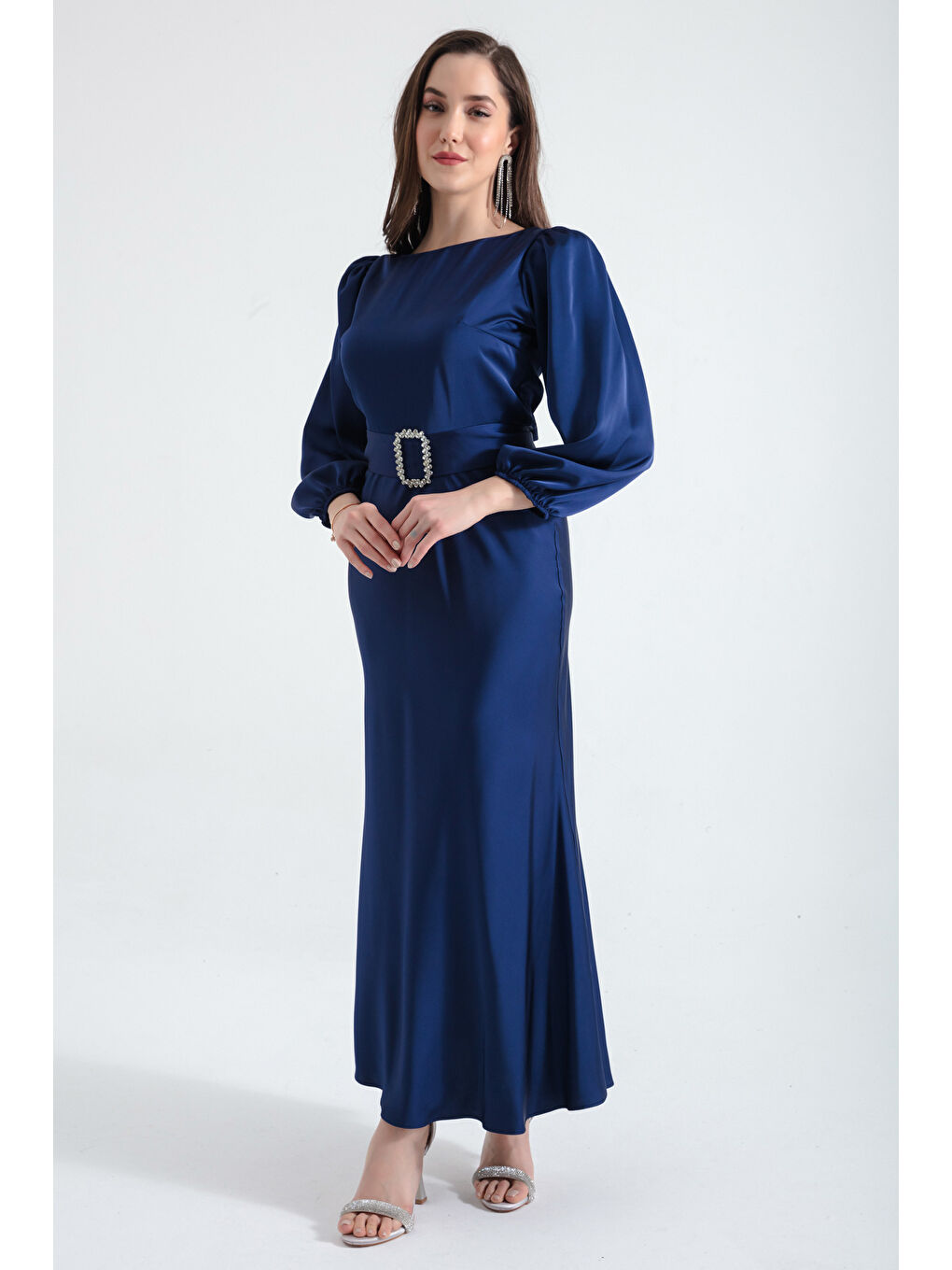 Kadın Lacivert Kemerli Midi Saten Abiye Elbise-1