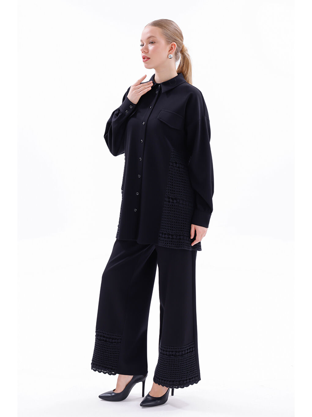 Gupür Detay Tunik Pantolon Takım 19478 Siyah-1