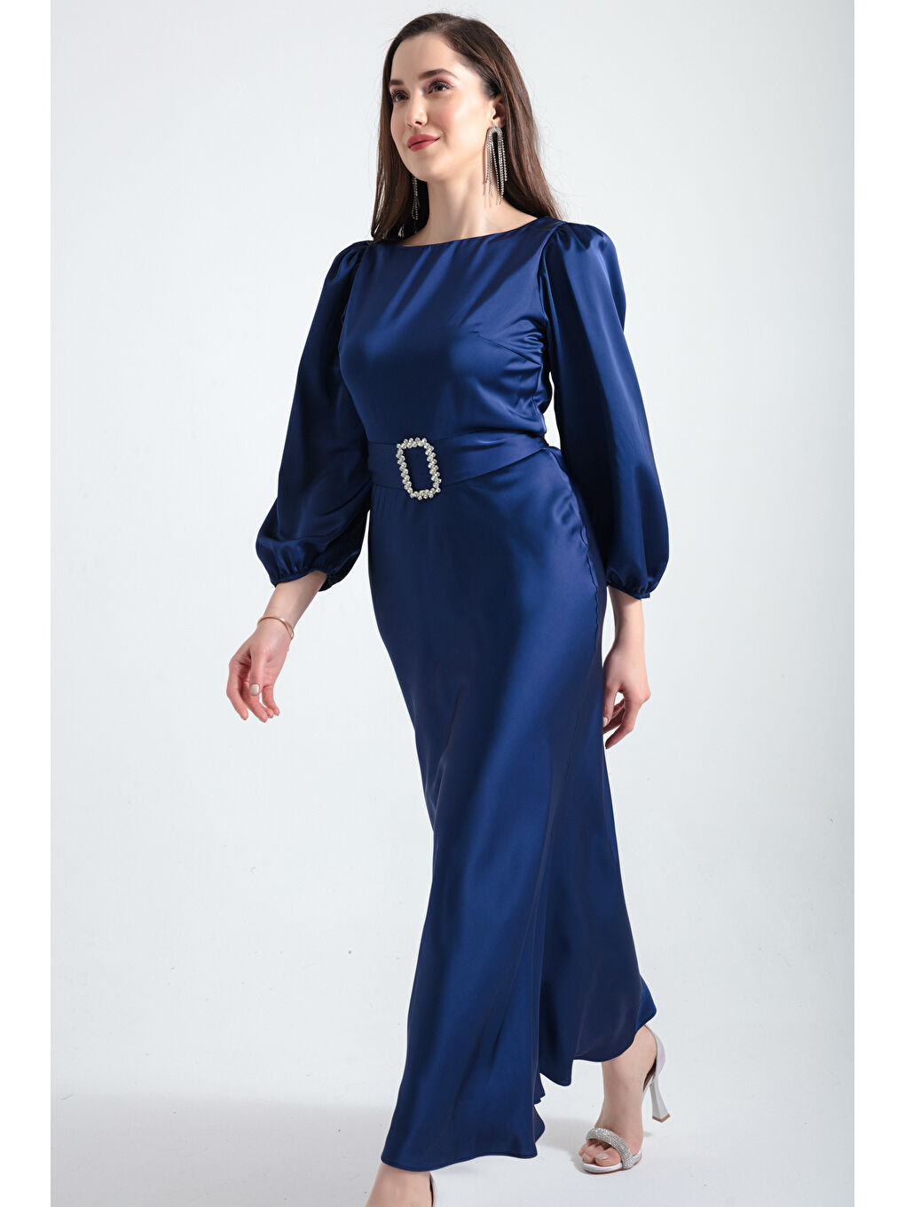 Kadın Lacivert Kemerli Midi Saten Abiye Elbise-2