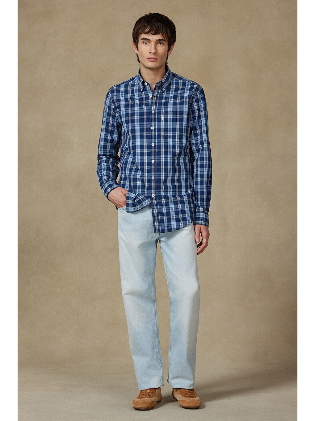 Federico Denim Pamuklu Comfort Fit Lacivert Düğmeli Yaka Erkek Ekoseli Gömlek-2