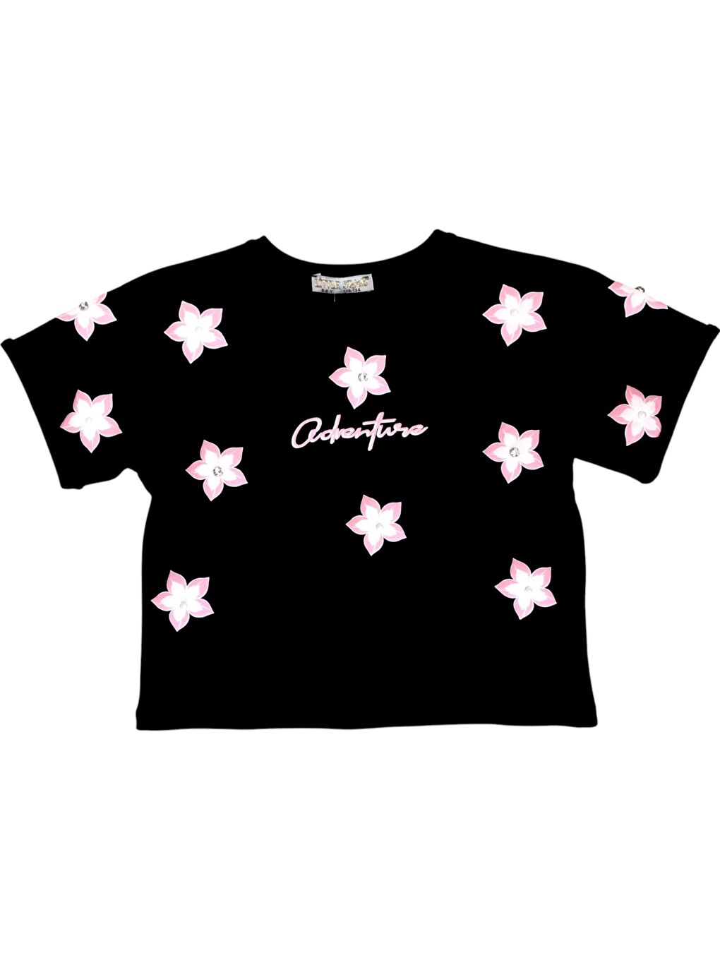Siyah Kız Çocuk Çiçek Baskılı Taş ve İnci Detaylı Tshirt