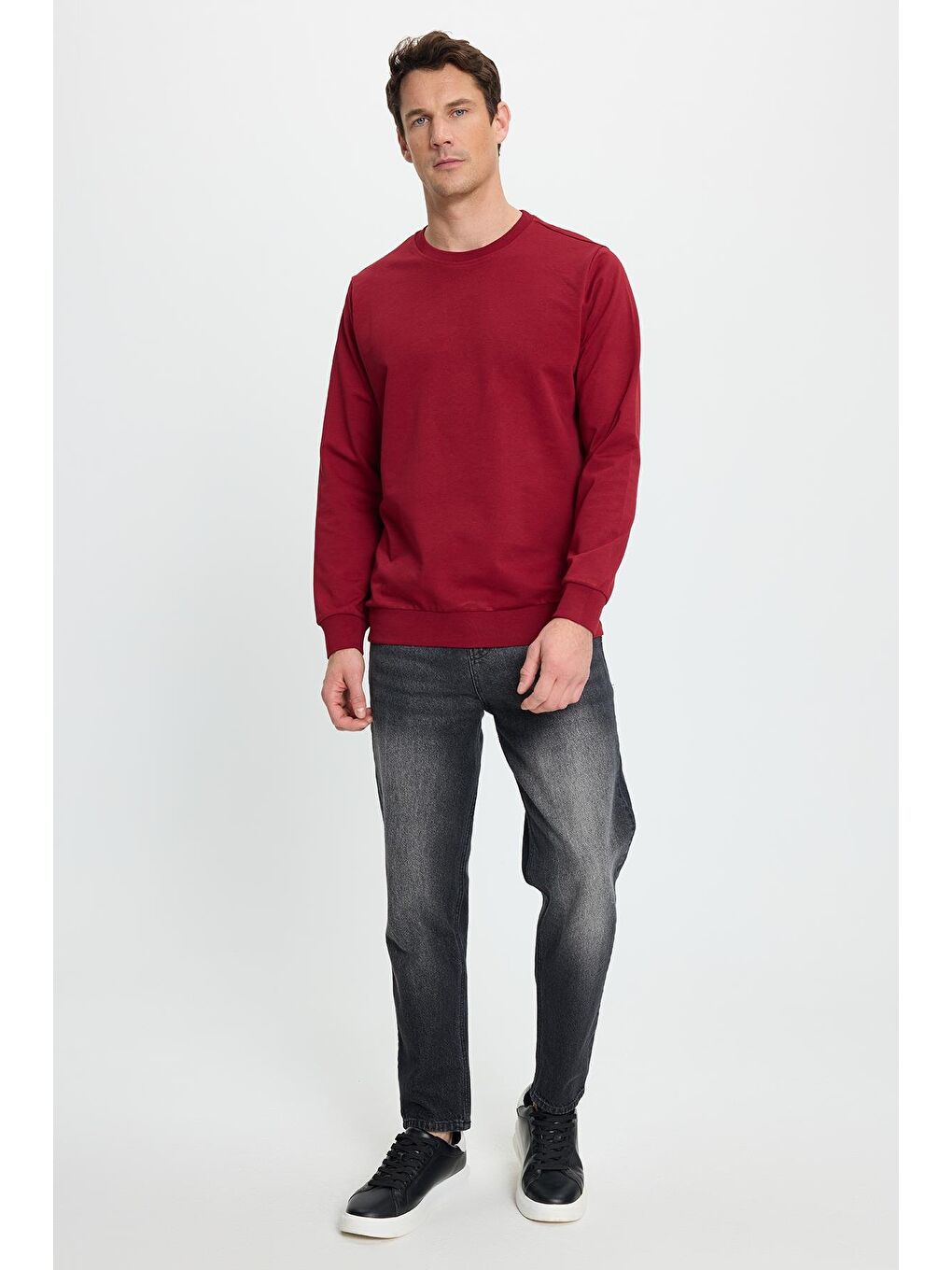 Erkek Relax Fit Rahat Kesim %100 Pamuk 2 İplik Bisiklet Yaka Bordo Sweatshirt-3