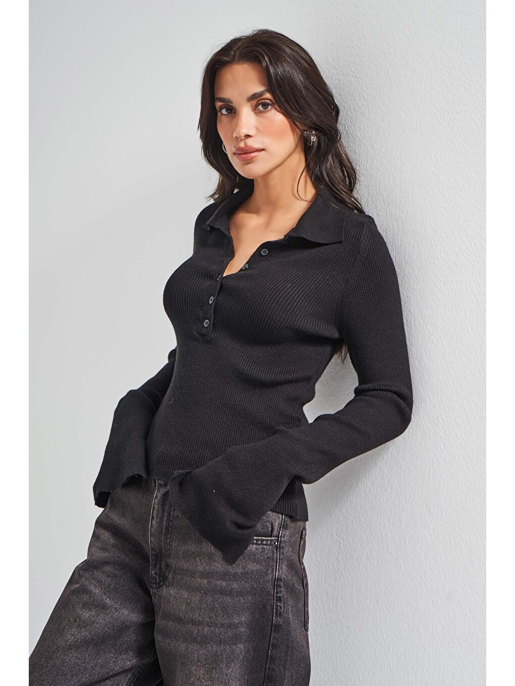 Kadın Siyah Renk w5-1 Polo Yaka Viskon Esnek Kumaş Triko-1