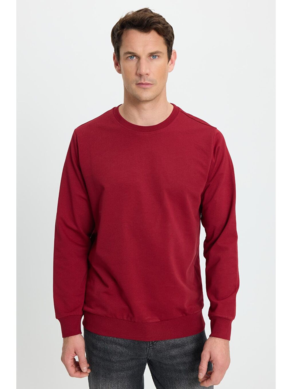 Erkek Relax Fit Rahat Kesim %100 Pamuk 2 İplik Bisiklet Yaka Bordo Sweatshirt-4