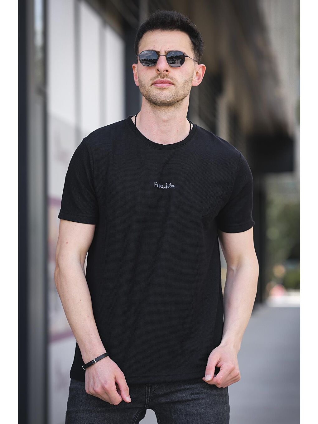 Siyah Pure Slim Fit Waffle Kumaş Bisiklet Yaka Baskılı Erkek Tshirt-1