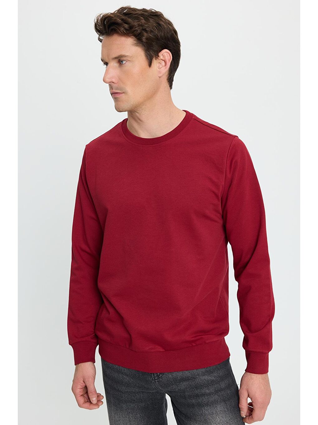 Erkek Relax Fit Rahat Kesim %100 Pamuk 2 İplik Bisiklet Yaka Bordo Sweatshirt-5