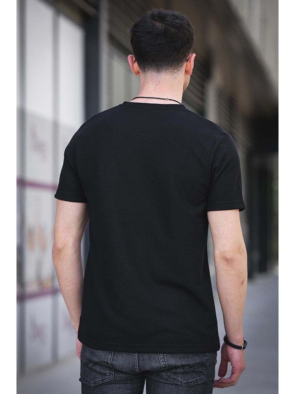 Siyah Pure Slim Fit Waffle Kumaş Bisiklet Yaka Baskılı Erkek Tshirt-2