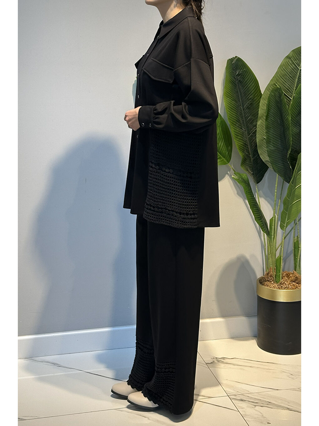 Gupür Detay Tunik Pantolon Takım 19478 Siyah-4