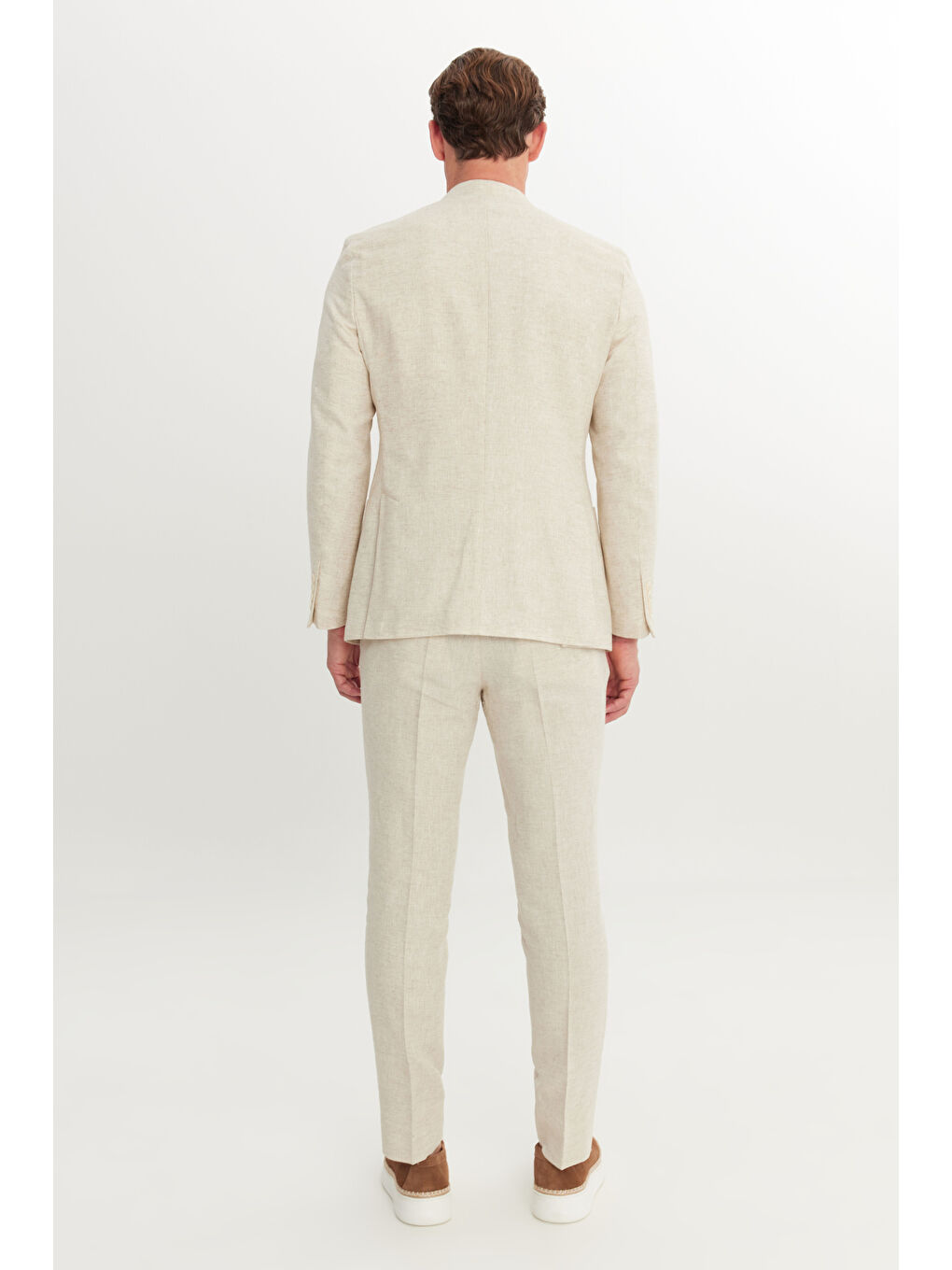 Erkek Bej Keten Slim Fit Dar Kesim Kırlangıç Yaka Desenli Kruvaze Takım Elbise