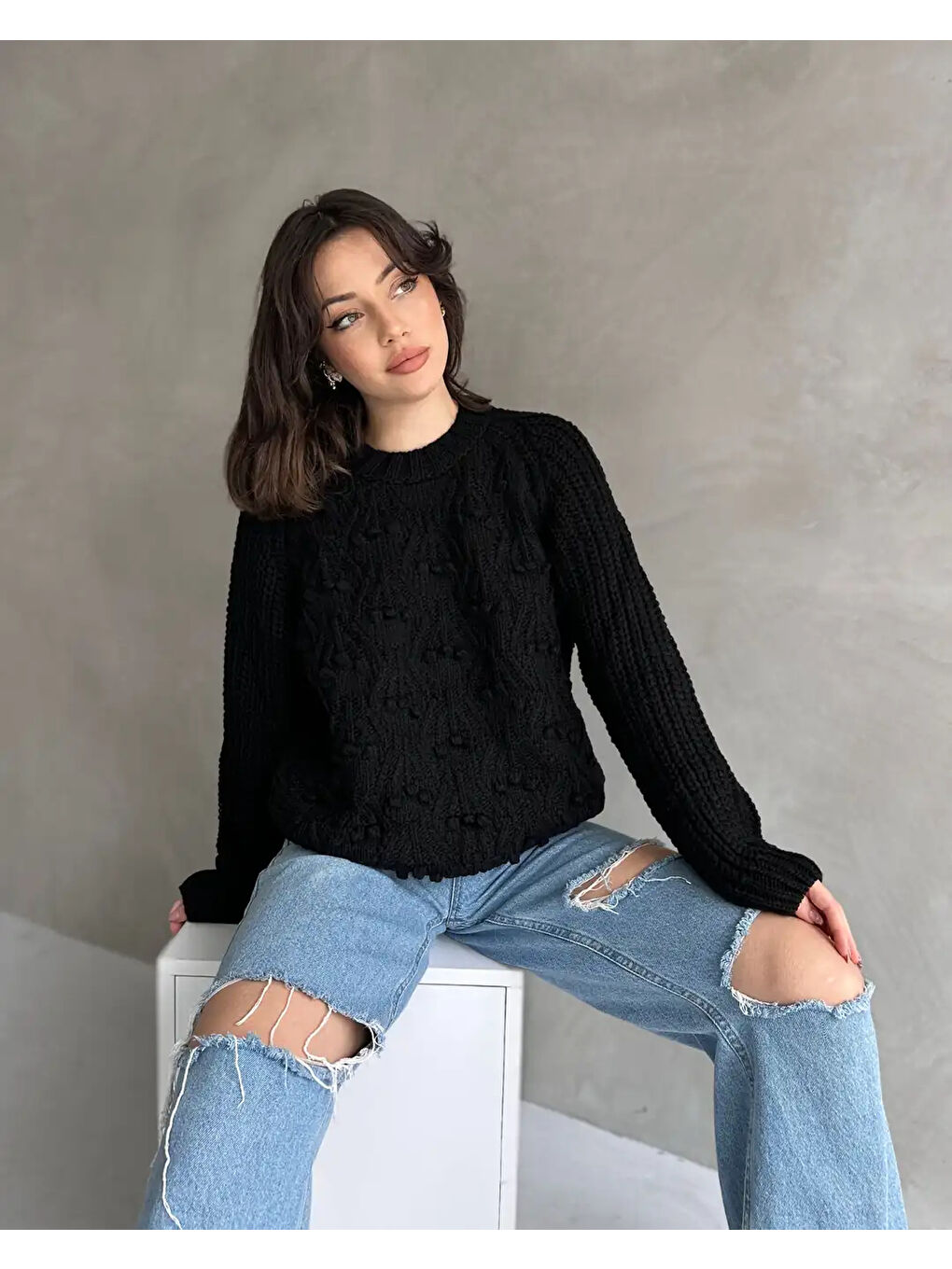 Bisiklet Yaka Bürümcük Detaylı Triko Kazak Siyah-2