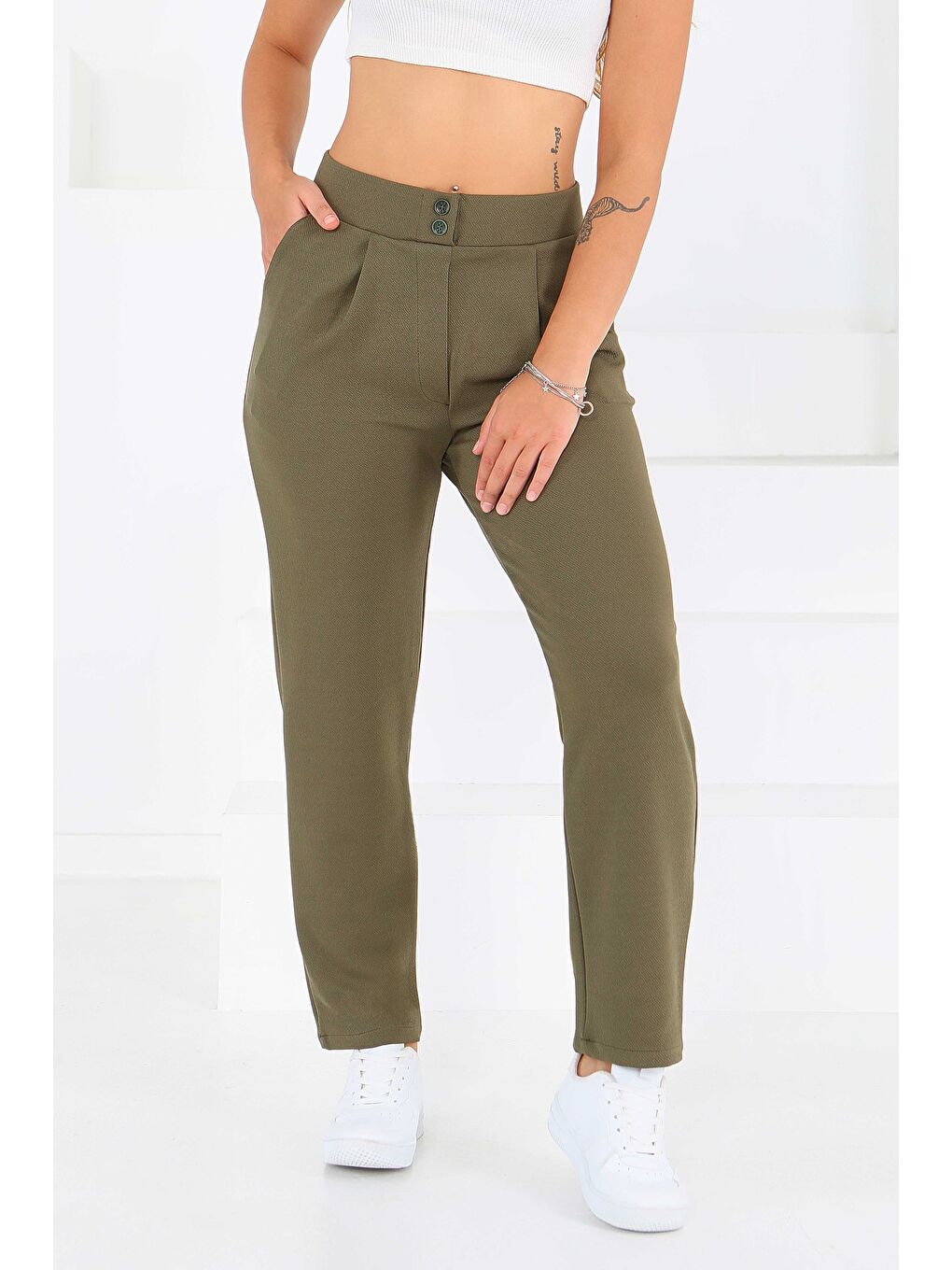 Çift Düğmeli Spor Pantolon Haki - 27352