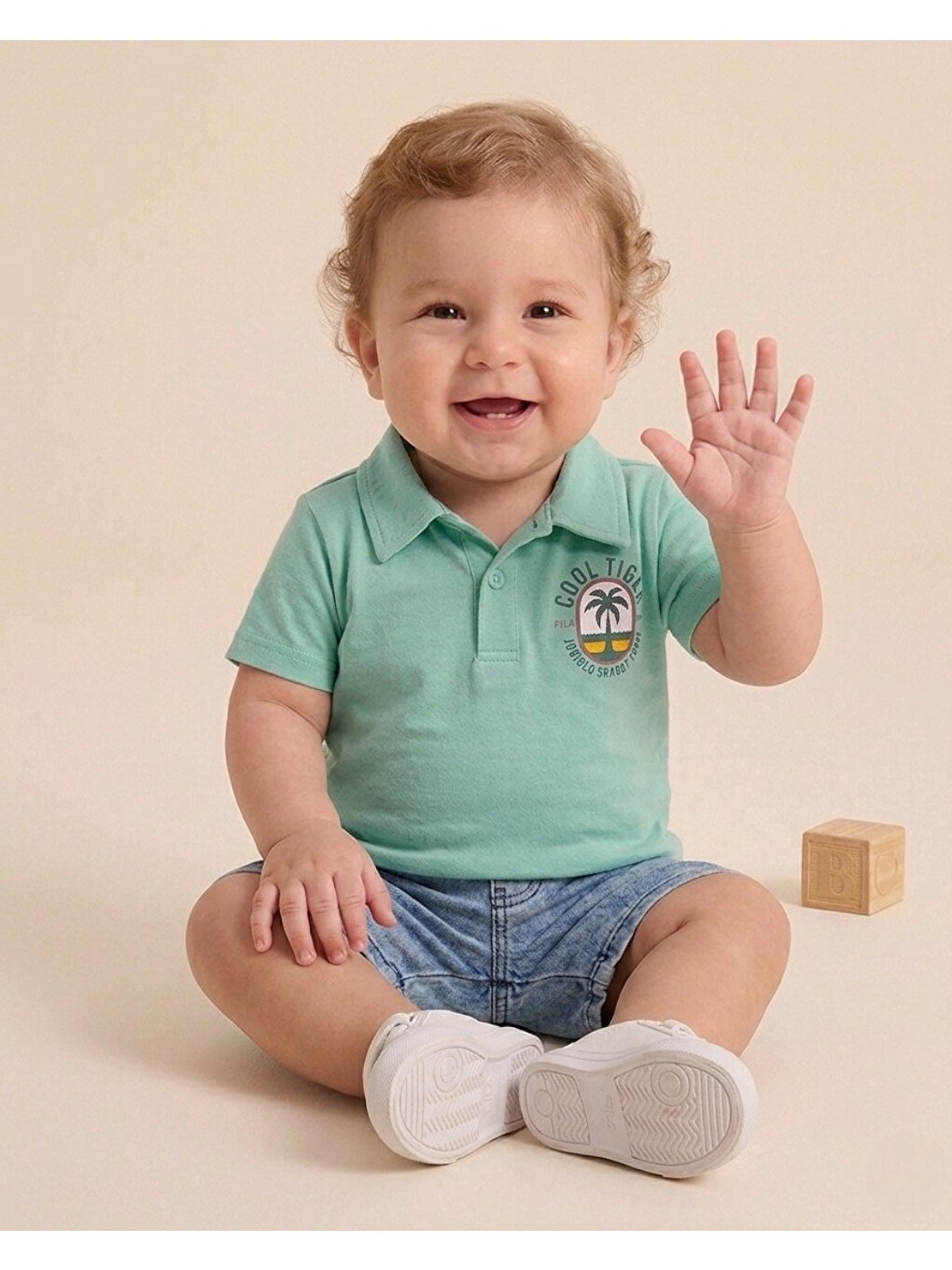Yeşil Erkek Bebek Yazlık Jean Şortlu Baskılı Polo Yaka T-shirtli 2'li Takım