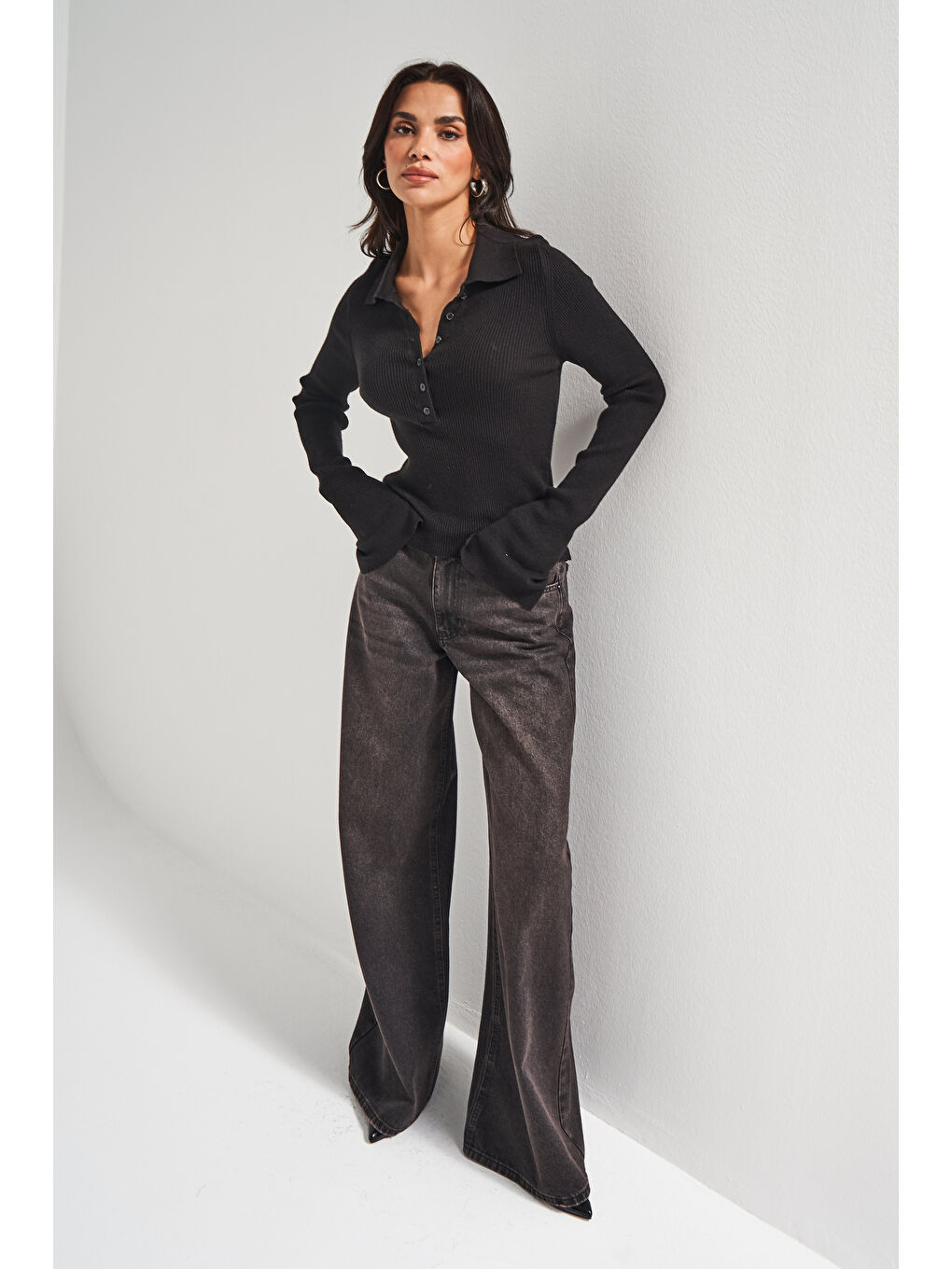 Kadın Siyah Renk w5-1 Polo Yaka Viskon Esnek Kumaş Triko-2