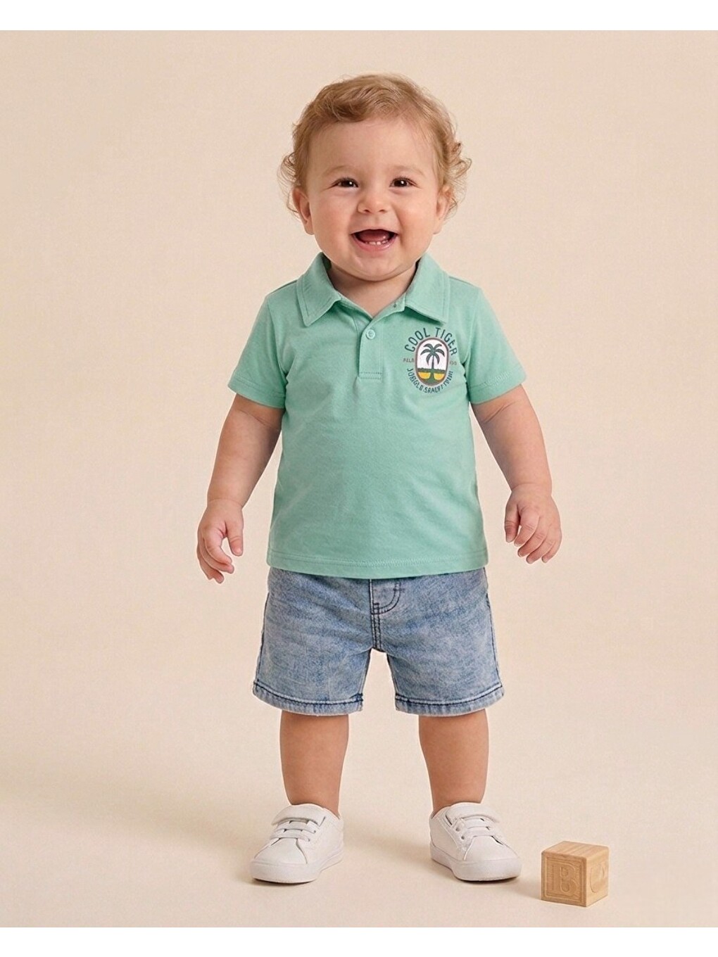 Yeşil Erkek Bebek Yazlık Jean Şortlu Baskılı Polo Yaka T-shirtli 2'li Takım-1