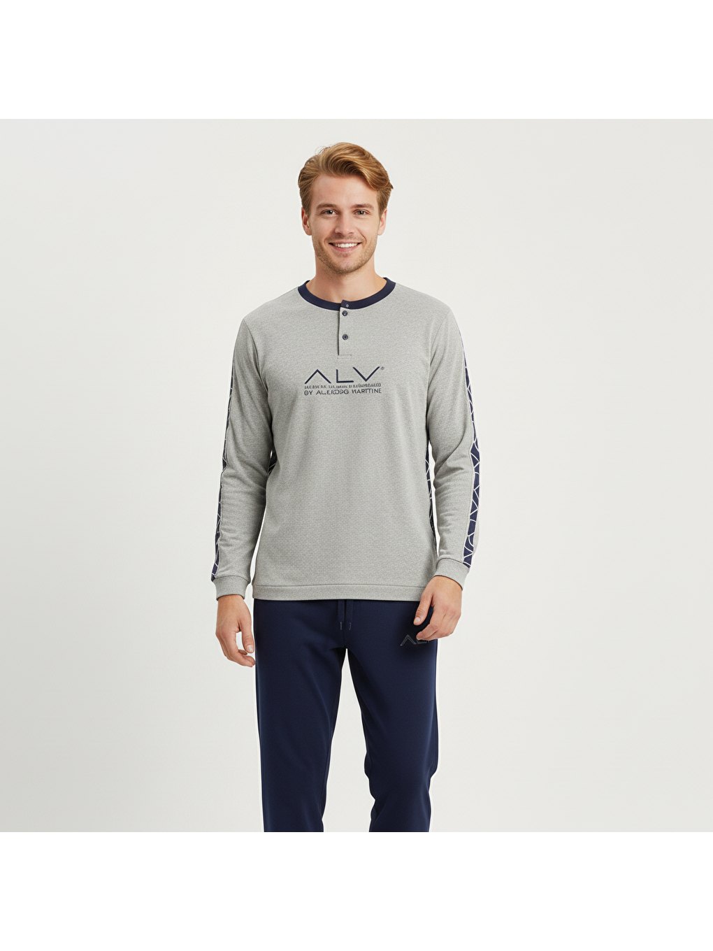 Erkek Pamuklu Gri Melanj - Lacivert Renk Pijama Takımı Al003 V2