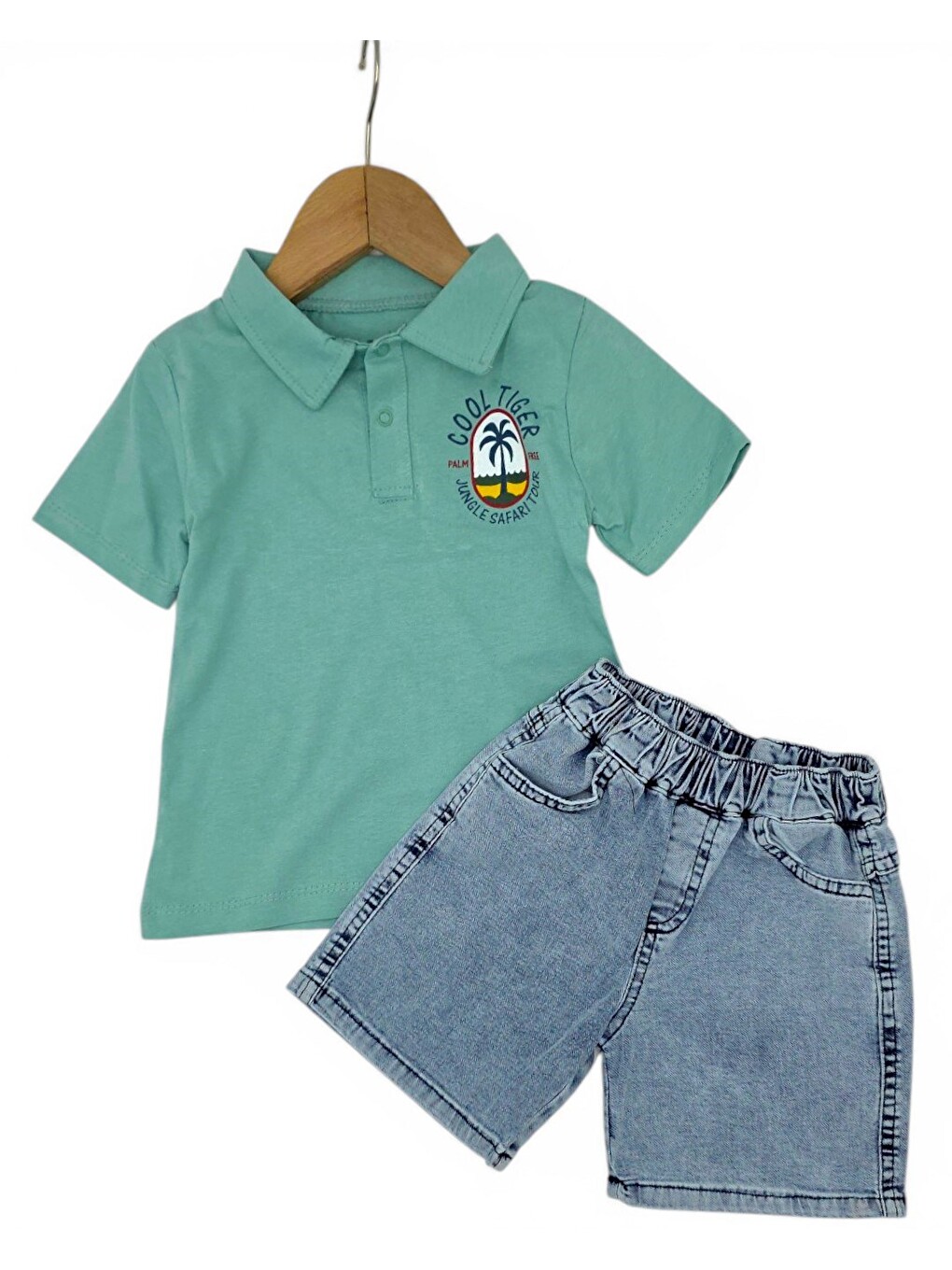 Yeşil Erkek Bebek Yazlık Jean Şortlu Baskılı Polo Yaka T-shirtli 2'li Takım-2