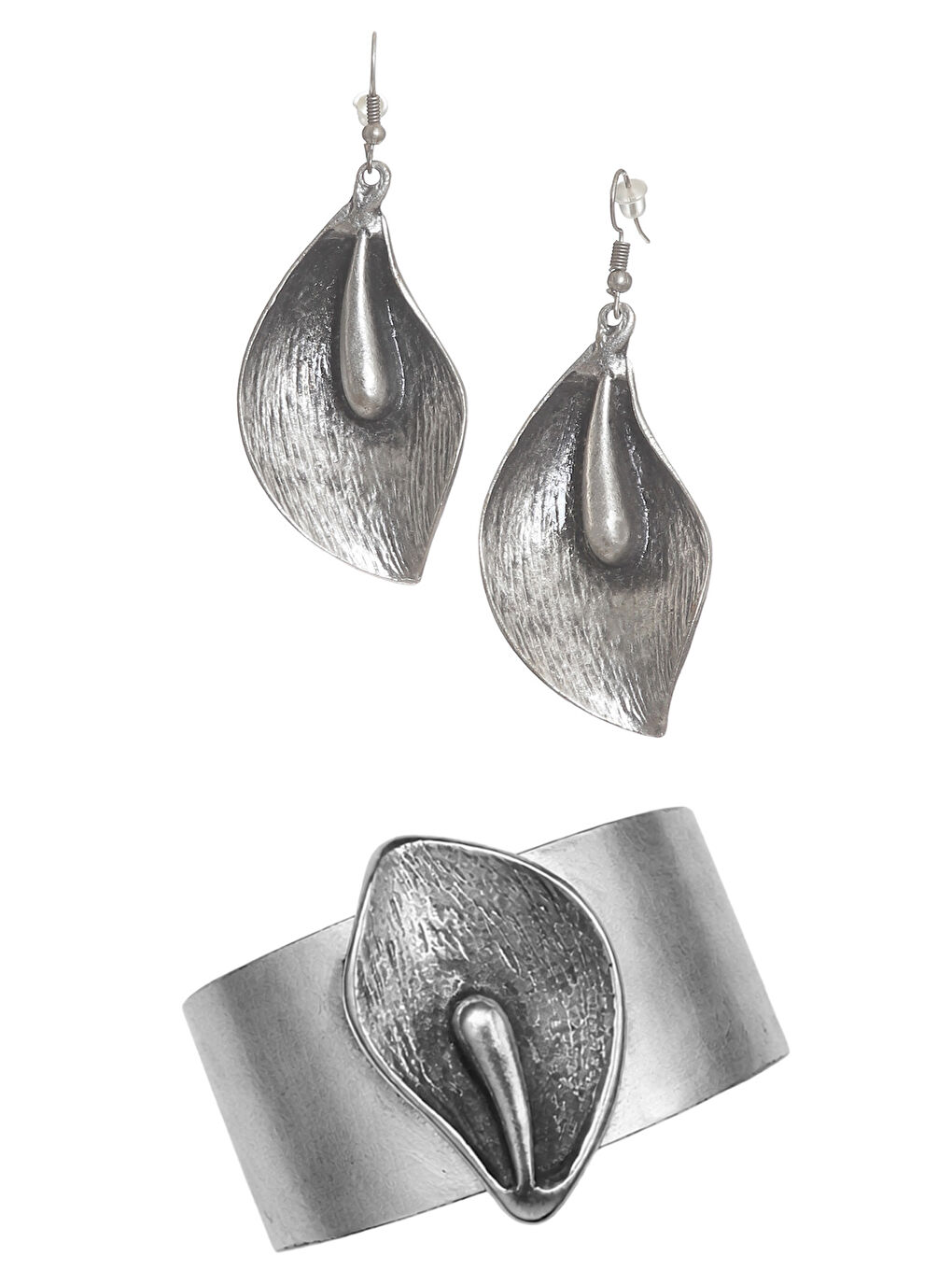 Gri Kadın Antik Gümüş Kaplama Antoryum Çiçeği Sallantılı Model Küpe &Bileklik Set