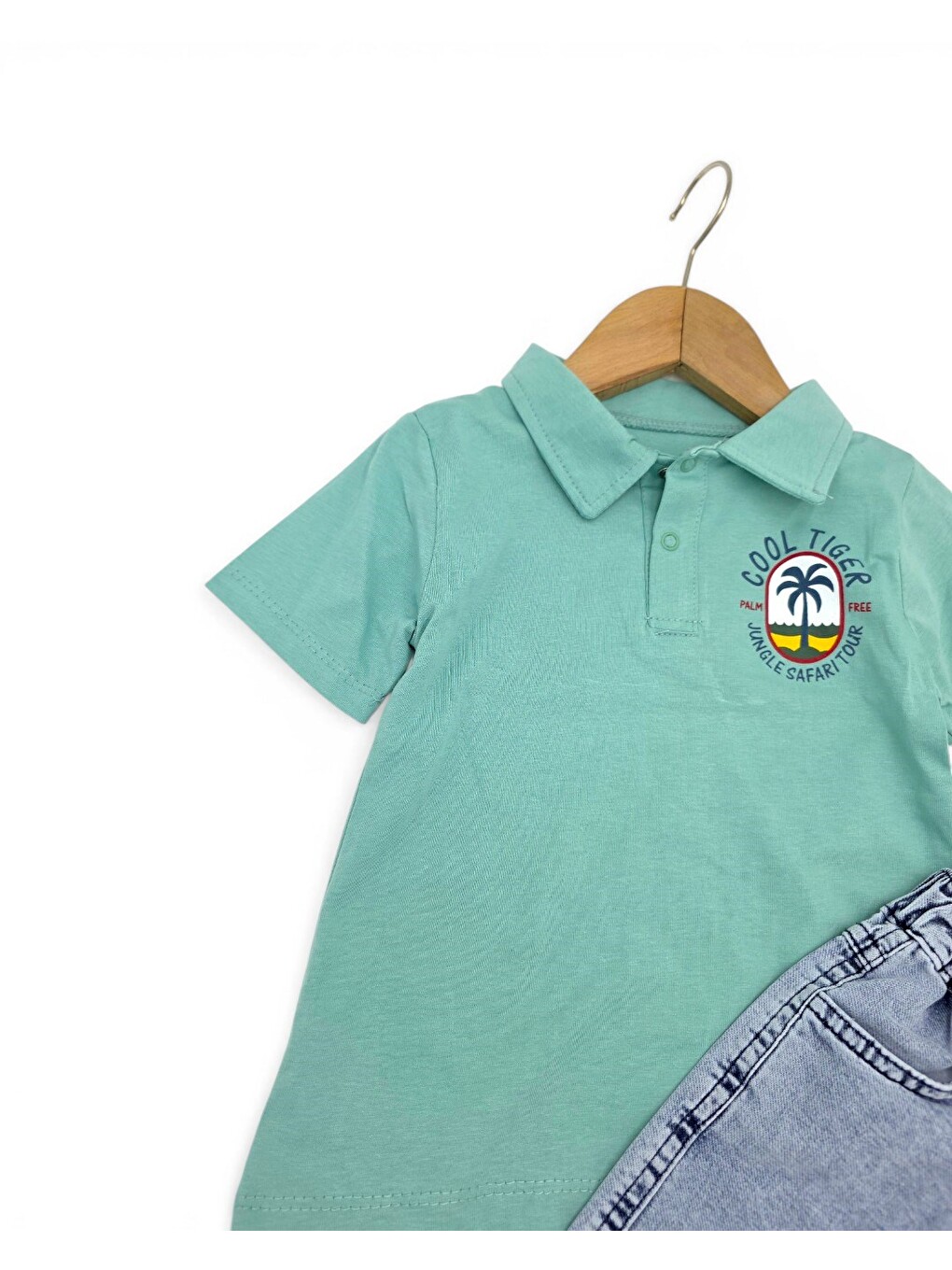 Yeşil Erkek Bebek Yazlık Jean Şortlu Baskılı Polo Yaka T-shirtli 2'li Takım-3