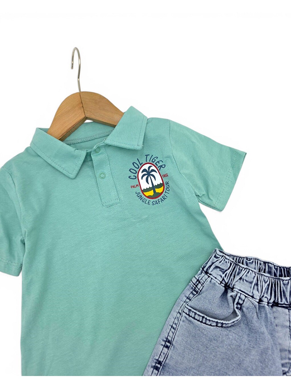Yeşil Erkek Bebek Yazlık Jean Şortlu Baskılı Polo Yaka T-shirtli 2'li Takım-4