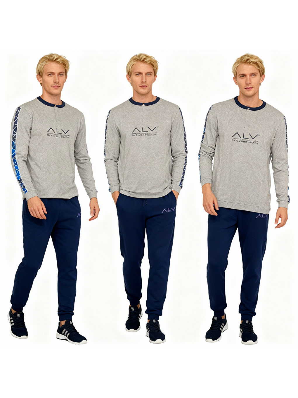 Erkek Pamuklu Gri Melanj - Lacivert Renk Pijama Takımı Al003 V2-2