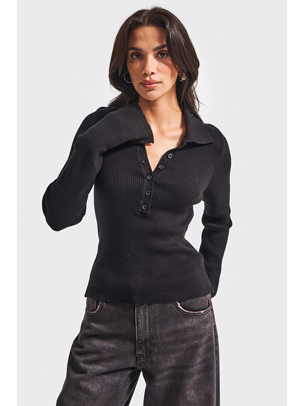 Kadın Siyah Renk w5-1 Polo Yaka Viskon Esnek Kumaş Triko-3