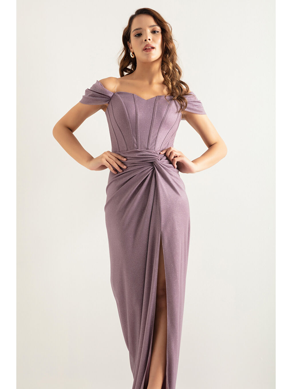 Lila Kadın Lavanta Kruvaze Astarlı Korse Detaylı Uzun Simli Abiye-1
