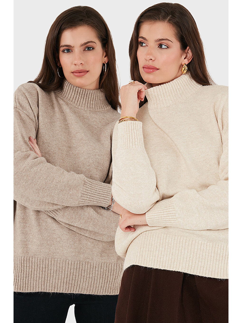 Gri Oversize Fit Balıkçı Yaka Yumuşak Dokulu 2'li Paket Triko Kazak 680KZ00469S2