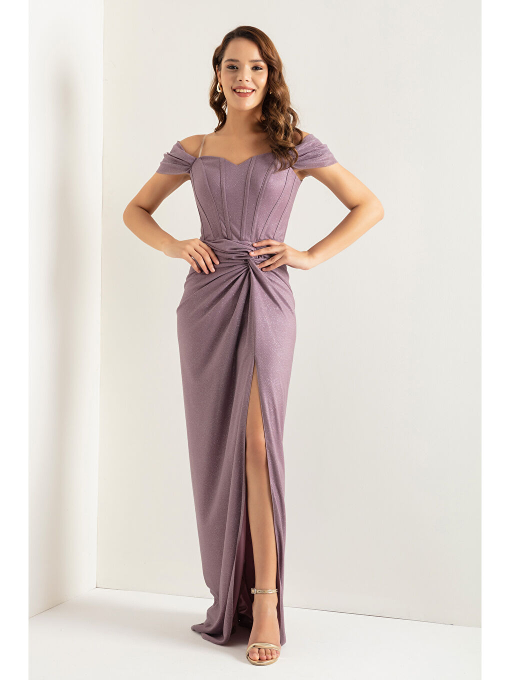 Lila Kadın Lavanta Kruvaze Astarlı Korse Detaylı Uzun Simli Abiye-2