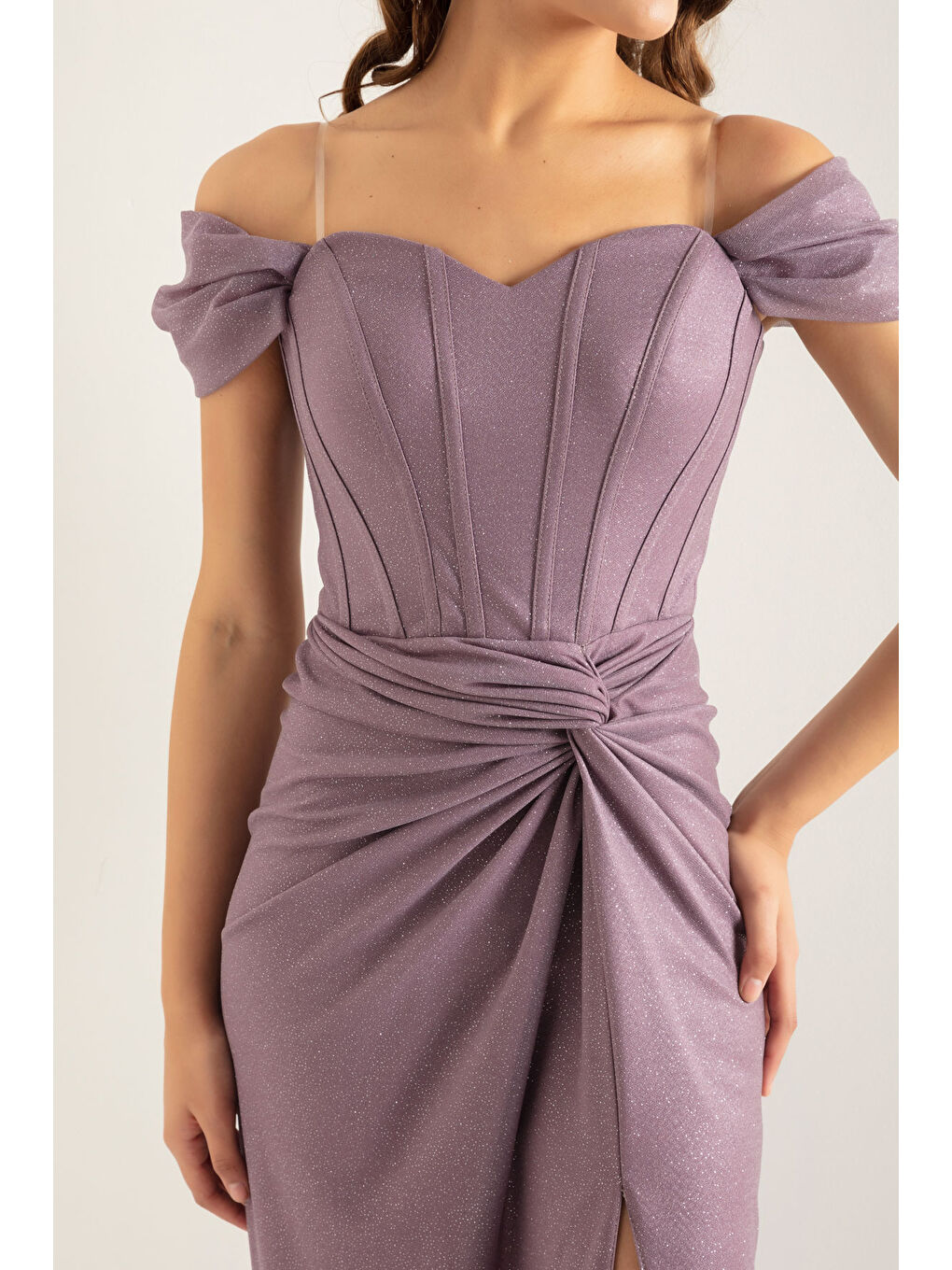 Lila Kadın Lavanta Kruvaze Astarlı Korse Detaylı Uzun Simli Abiye-3