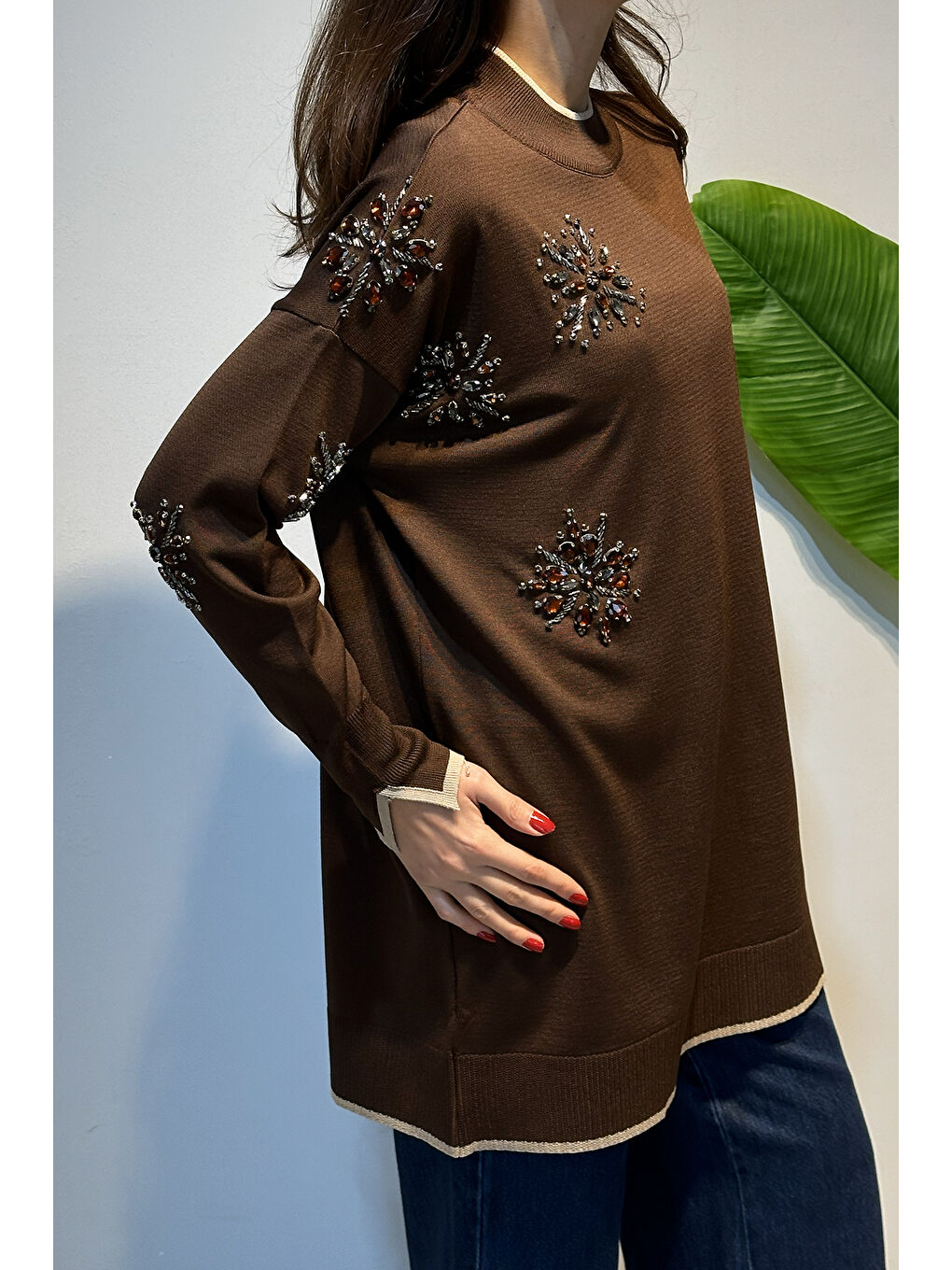 Taş İşlemeli Merserize Tunik 17044 Kahverengi-2