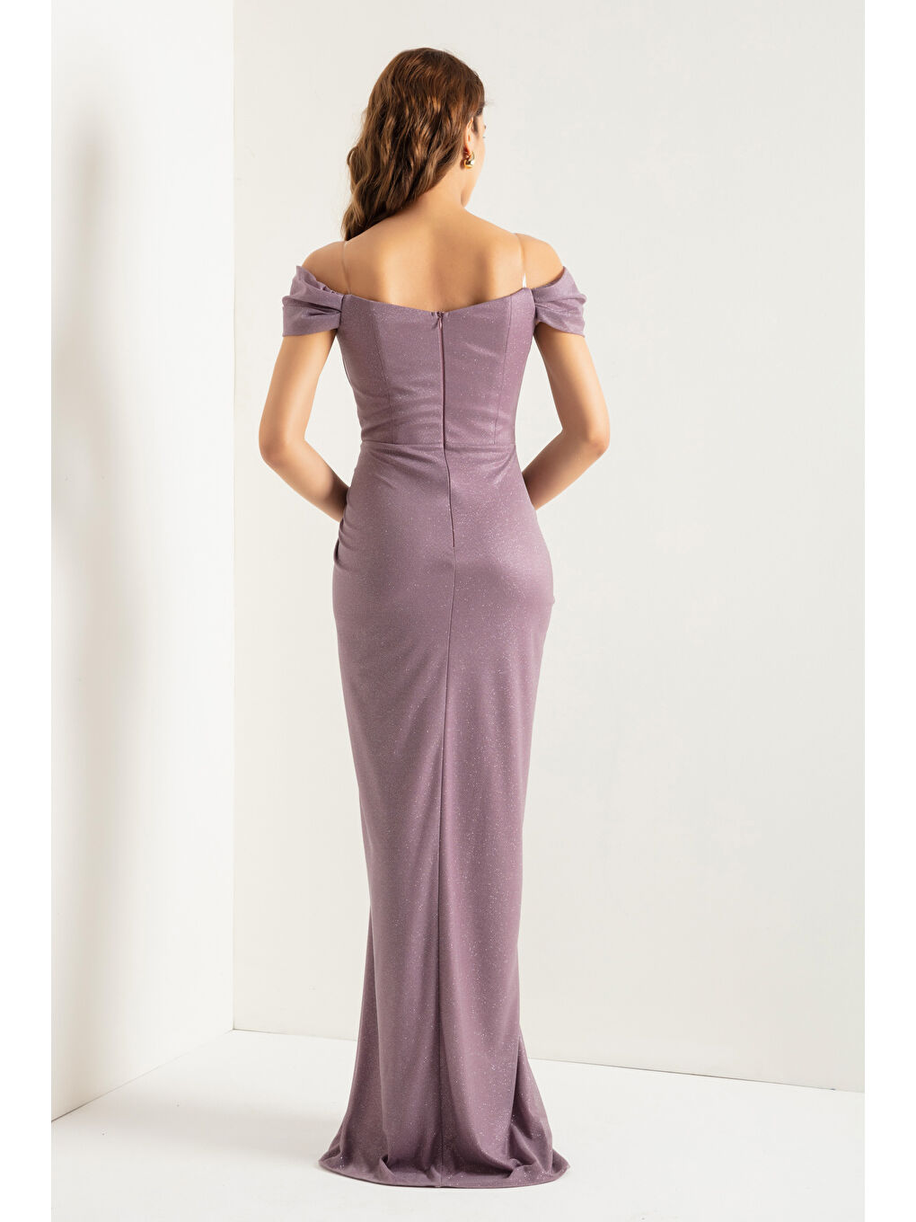 Lila Kadın Lavanta Kruvaze Astarlı Korse Detaylı Uzun Simli Abiye-4