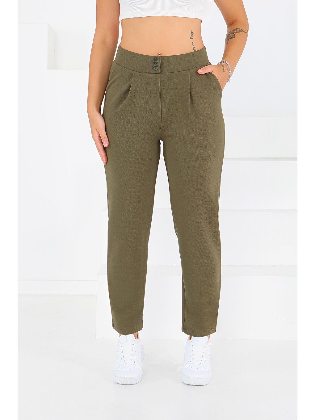 Çift Düğmeli Spor Pantolon Haki - 27352-1