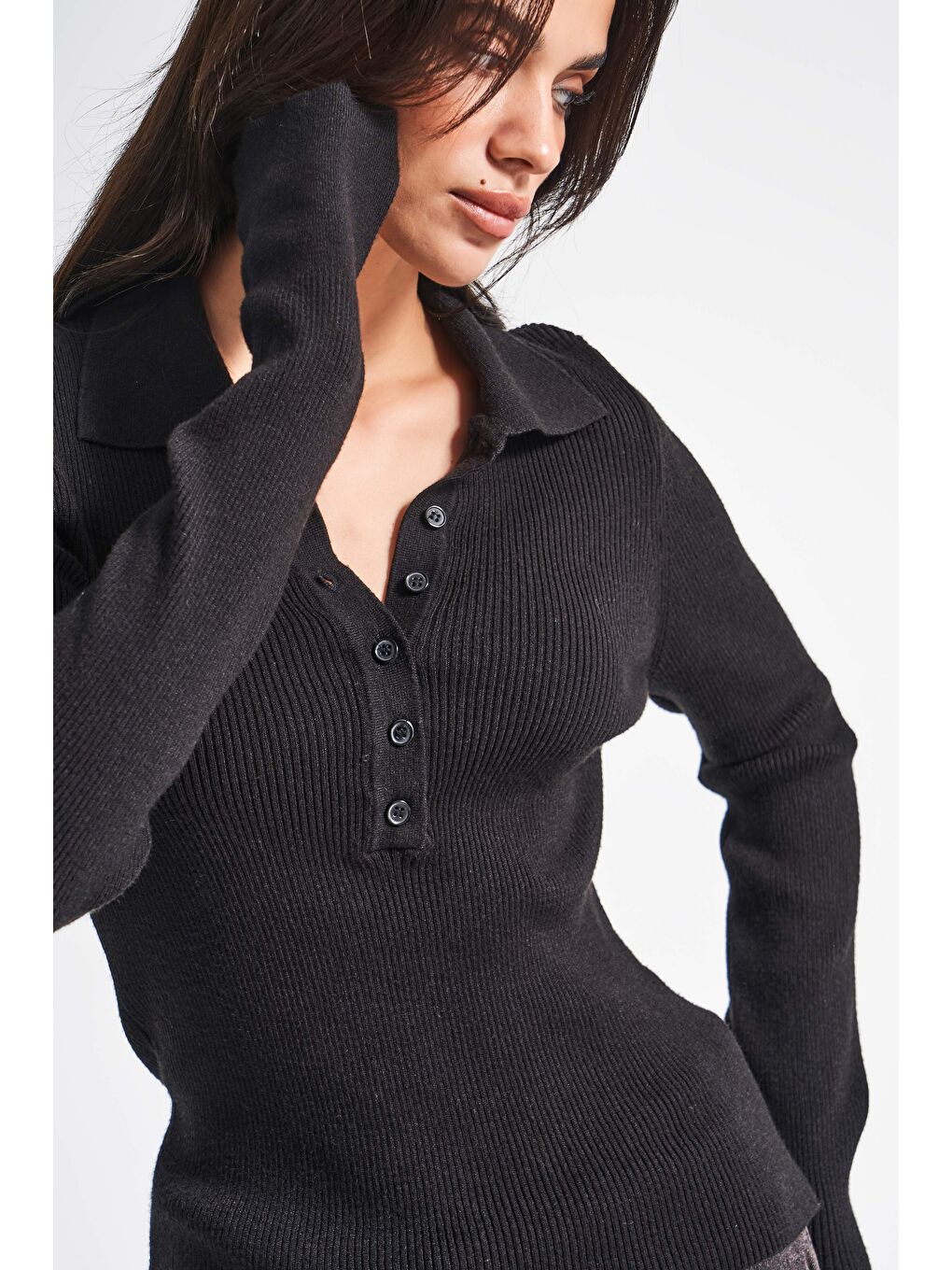 Kadın Siyah Renk w5-1 Polo Yaka Viskon Esnek Kumaş Triko-4