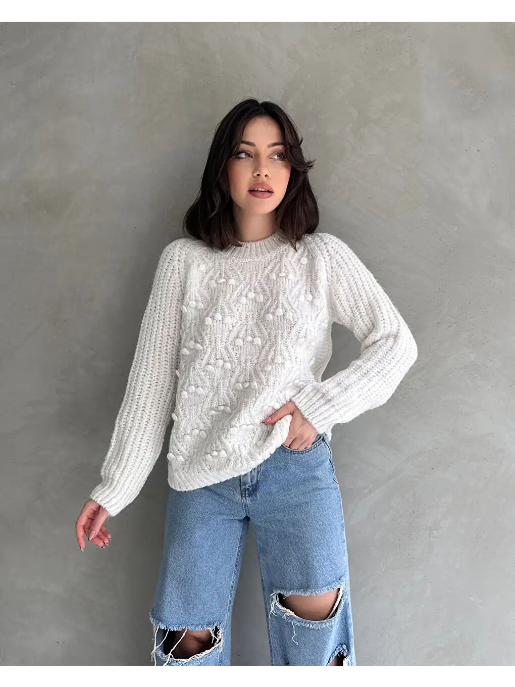 Bisiklet Yaka Bürümcük Detaylı Triko Kazak Beyaz-2