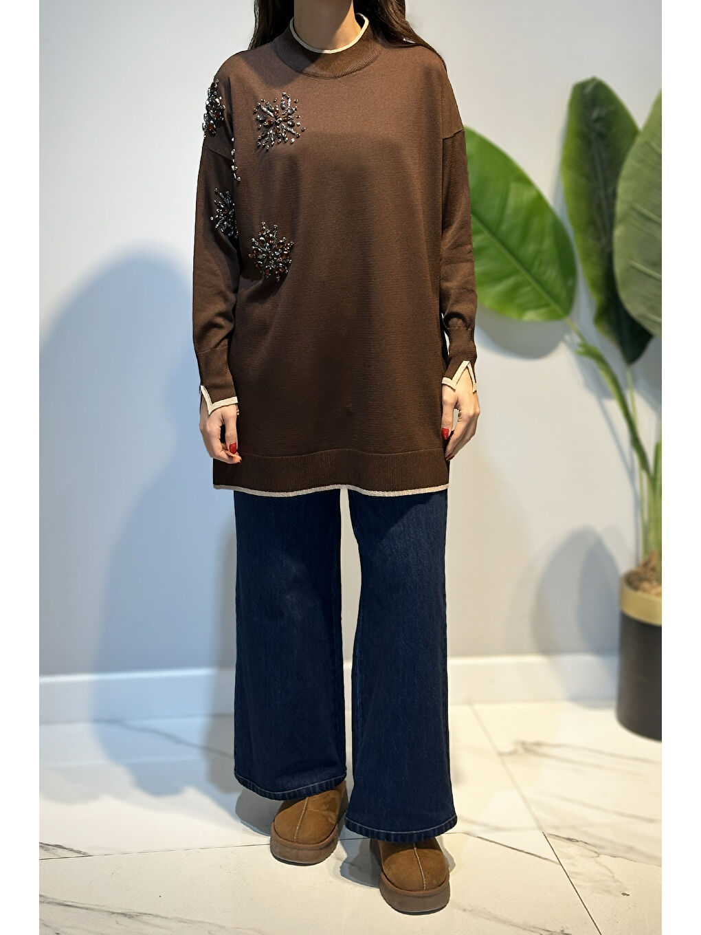 Taş İşlemeli Merserize Tunik 17044 Kahverengi-3