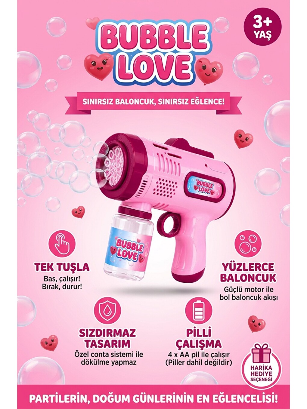 Pilli Köpük Tabancası Otomatik Baloncuk Makinesi Işıklı Sızdırmaz Köpük Üfleyici 3+ Yaş Pembe