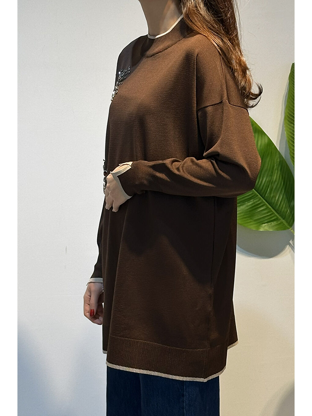 Taş İşlemeli Merserize Tunik 17044 Kahverengi-4