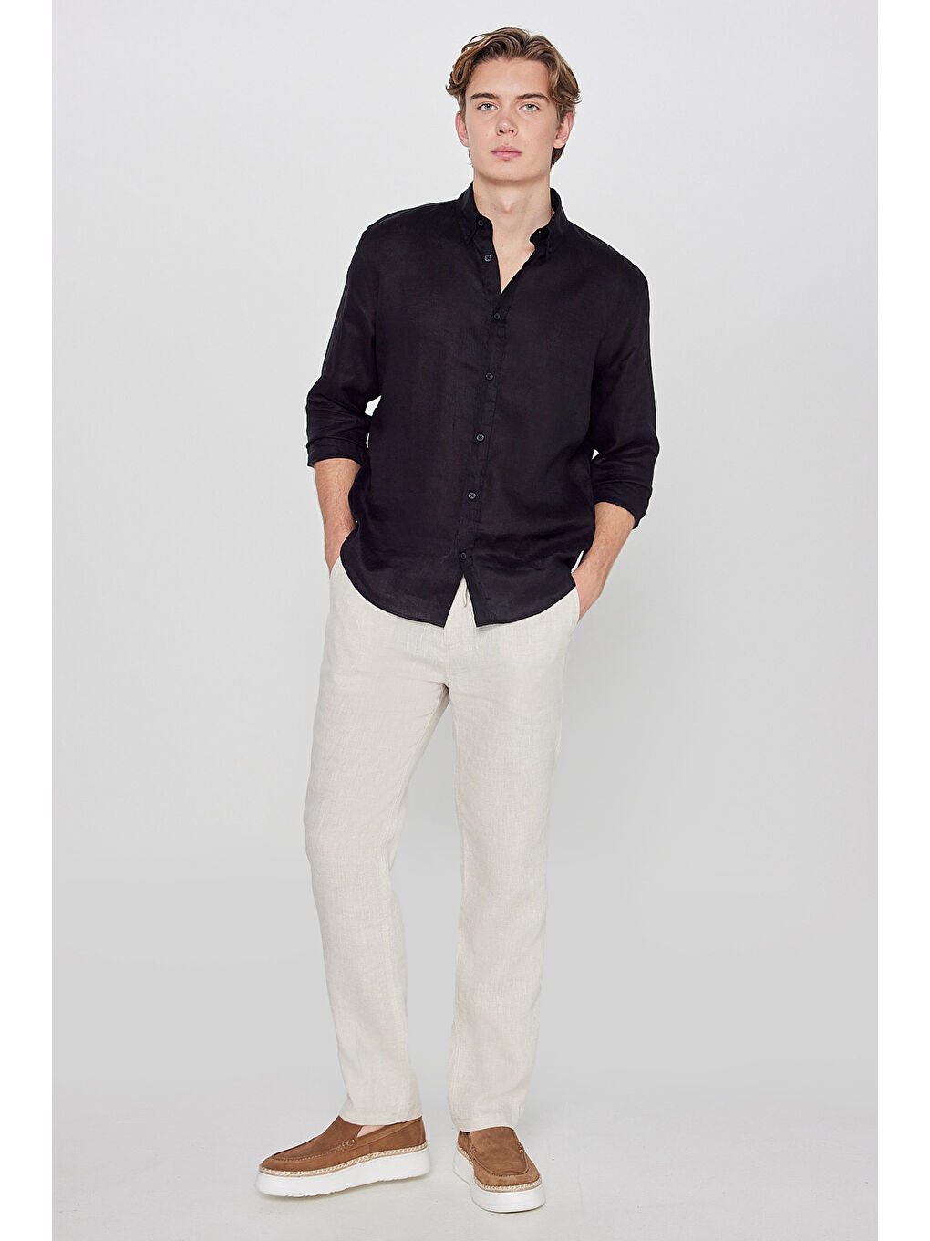 Bej %100 Keten Regular Fit Cepli Erkek Pantolon-1