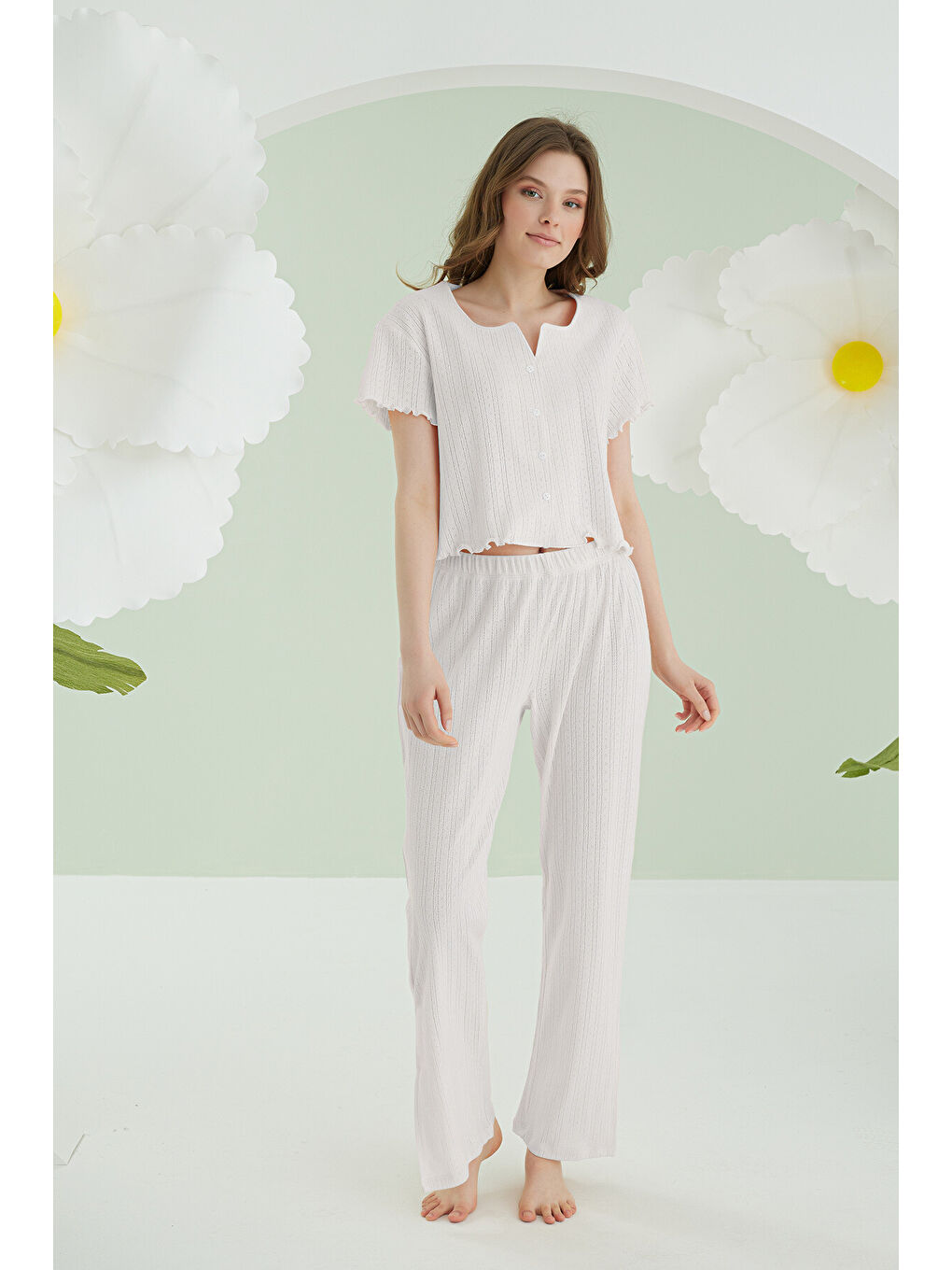 Ekru Patterned Önden Düğmeli Pijama Takım