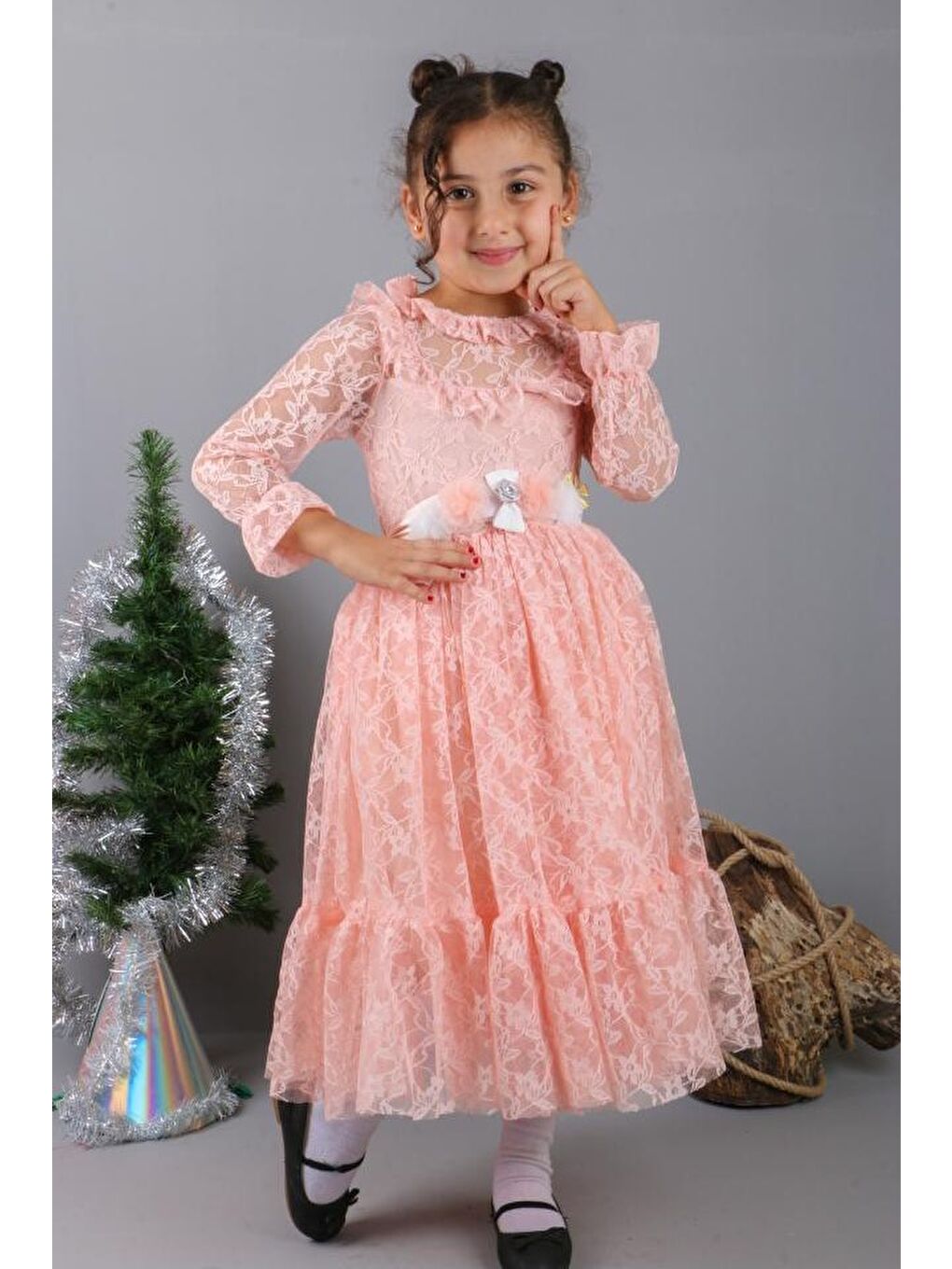 Pembe Çiçek Motif Dantelli Çocuk Elbise MNK0580