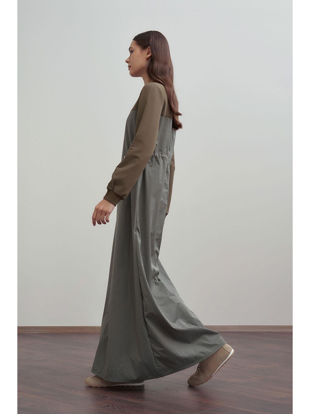 Haki-Pamuklu Lastikli Bel Ayarlı Elbise-1