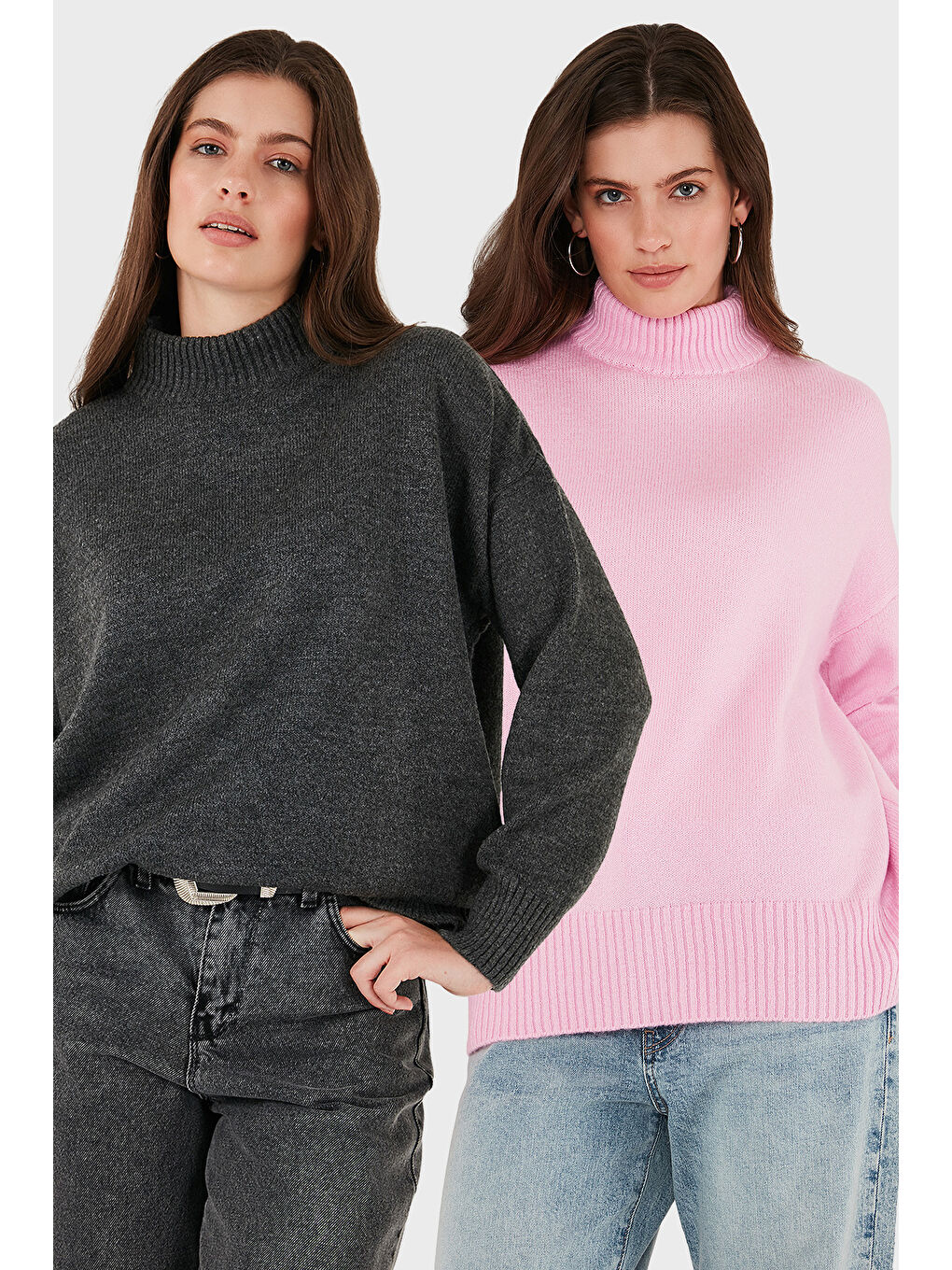 Gri Oversize Fit Balıkçı Yaka Yumuşak Dokulu 2'li Paket Triko Kazak 680KZ00469S2